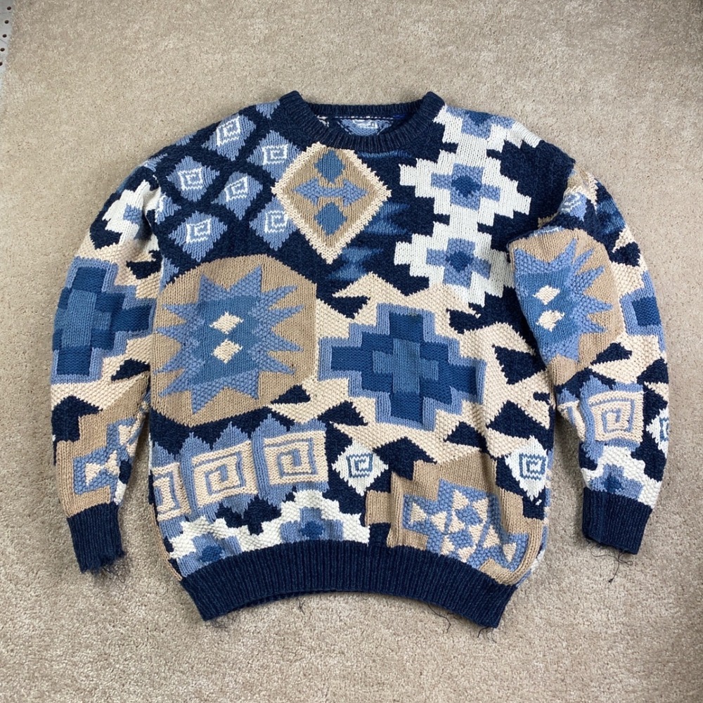Vintage Southwestern Geometric Chunky Knit Crewneck Sweater Blue Tan Men XL